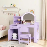 Qaba Kids Vanity Set, Toddler Dressing Table and Chair Set  with Lighted Mirror, Cabinet, Drawer and Shelves, Purple(m-8)