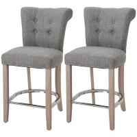 HOMCOM 26"Counter Height Bar Stools Set of 2, Linen Upholstered Tufted Dining Chairs with Steel Footrest, and Solid Wood Legs, Grey(m-11)
