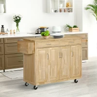 HOMCOM Kitchen Island on Wheels, Natural Hardwood Kitchen Cart with Drawers, Storage Cabinets, and Tool Caddy, Microwave Cart for Dining Room, 54 Inches Wide(m-2)