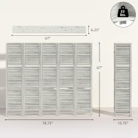 HOMCOM 5 Panel 67" Tall Wood Privacy Screen Room Divider with 3 Shelves and Folding Storage for Bedroom, Distressed White(m-3)