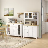 HOMCOM 47" Sideboard, Buffet Cabinet with Rubber Wood Top, Glass Door, Kitchen Coffee Bar Cabinet with Drawers, Adjustable Shelving for Living Room, White(m-8)