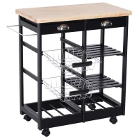HOMCOM Rolling Kitchen Island Trolley Serving Cart Wheeled Storage Cabinet w/ Basket Shelves and Drawers Black(m-11)