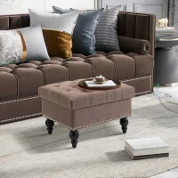 HOMCOM 25" Storage Ottoman with Removable Lid, Button-Tufted Fabric Bench for Footrest and Seat with Wood Legs, Coffee(m-4)