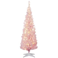 HOMCOM 5ft Pencil Christmas Tree, Slim Artificial Christmas Tree with Snow Flocked Branches and Warm White LED Lights, Pink(m-11)
