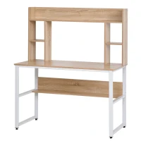 HOMCOM Office Computer Desk Writing Table Workstation with Storage Shelves,  Decorative Hutches, & Strong Build, Oak(m-1)