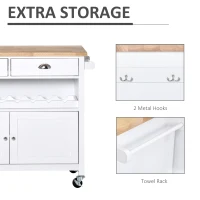 HOMCOM Rolling Kitchen Island Cart, Trolley Cart with Wine Rack, Rubberwood Top, Drawer and Hook, White(m-10)