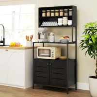 HOMCOM Baker's Rack with Power Outlet and Storage Shelves, Microwave Stand with Louvred Door Cabinets, Black(m-2)