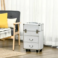 HOMCOM Aluminum Rolling Makeup Train Case, Portable Professional Cosmetic Makeup Case, Lockable Traveling Cart Trunk with Folding Trays, Swivel Wheels and Keys, Silver(m-1)