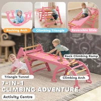 Qaba 7-in-1 Pikler Triangle Set, Foldable Wooden Climbing Toys with Arch, Ramp and Ladder for Toddlers 1-4 Years, Pink(m-4)