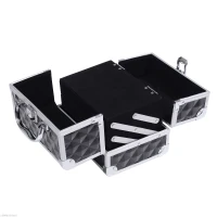HOMCOM 3 Tier Diamond Texture Makeup Train Case Cosmetic Organizer with Mirror, Black(m-7)