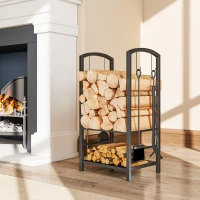 Outsunny 2-Tier Firewood Log Rack with 4 Tools, Fireplace Wood Storage Holder with Shovel, Broom, Poker, Tongs and Hooks, Black(m-10)