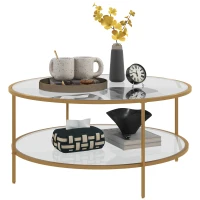 HOMCOM Side Table with Storage, 36" Round End Table, 2-Tier Tempered Glass Coffee Table with Steel Frame for Living Room, Gold(m-11)