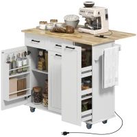 HOMCOM Kitchen Island on Wheels with Wood Drop Leaf, Charging Station, Rolling Kitchen Cart with Adjustable Shelf, White(m-11)