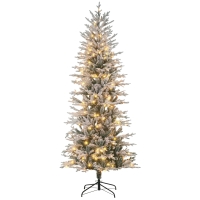 HOMCOM 7.5' Pre Lit Artificial Flocked Christmas Trees, with Snow Branches, Warm Yellow Clear Lights, Auto Open, Extra Bulb
