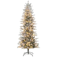HOMCOM 7.5' Pre Lit Artificial Flocked Christmas Trees, with Snow Branches, Warm Yellow Clear Lights, Auto Open, Extra Bulb(m-1)