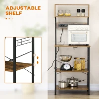 HOMCOM Kitchen Bakers Rack with Power Outlet, USB Charger, Microwave Stand, Coffee Bar with Adjustable Shelves, 5 Hooks for Spices, Pots and Pans, Rustic Brown(m-5)