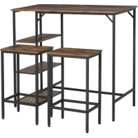 HOMCOM Industrial 3 Piece Dining Table Set, Counter Height Bar Table and Chairs Set, Kitchen Bistro Table Set with Storage Shelf and Stools, Rustic Brown(m-11)