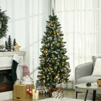 HOMCOM 6' Decorated Christmas Trees, Skinny Prelit Artificial Christmas Tree with Snow-dipped Branches, Auto Open, Pinecones(m-2)