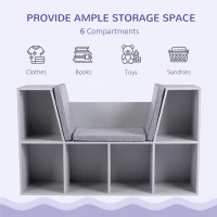 HOMCOM 6-Cubby Kids Bookcase with Reading Nook and Cushion, Multi-Purpose Storage Organizer for Bedroom, Living Room, Grey(m-4)