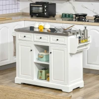 HOMCOM Rolling Kitchen Island with Storage, Kitchen Cart with Stainless Steel Top, Spice Rack & Drawers, White(m-2)