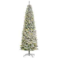 HOMCOM 9 Feet Prelit Artificial Snow Flocked Pencil Christmas Tree, Slim Xmas Tree with Warm White LED Light, Holiday Home Xmas Decoration, Green(m-11)