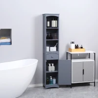 HOMCOM Bathroom Storage Cabinet, Free Standing Bathroom Storage Unit, Tall Linen Tower with 3-Tier Shelves and Drawer, Grey(m-2)