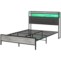 HOMCOM Full Bed Frame with Storage Upholstered Headboard, Full Size Bed Frame with LED Lights, Charging Station, Cement Gray(m-1)
