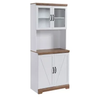 HOMCOM 70" Farmhouse Kitchen Buffet with Hutch, Kitchen Pantry Storage Cabinet with Glass Doors, Adjustable Shelves, Open Microwave Countertop, White(m-1)