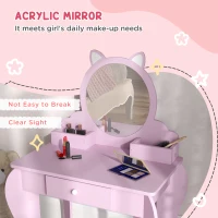 Qaba Makeup Vanity with Mirror and Stool, Cat Design, Drawer, Storage Boxes, for 3-6 Years Old, Pink(m-6)
