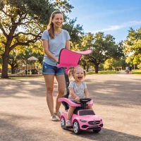 Qaba 3 in 1 Toddler Push Car Licensed Mercedes-Benz with Push Handle, Canopy, Guardrails, Horn, Music for 18-36 Months, Pink(m-8)