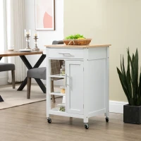 HOMCOM Kitchen Island Cart, Rolling Kitchen Island with Storage Shelf, Solid Wood Top, Drawer, for Dining Room, White(m-10)