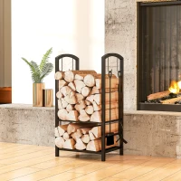 Outsunny 2-Tier Firewood Log Rack with 4 Tools, Fireplace Wood Storage Holder with Shovel, Broom, Poker, Tongs and Hooks, Black(m-1)