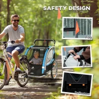 Aosom 2 Seat Bike Trailer for Kids 2-in-1 Double Baby Stroller with Handbrake, Rubber Wheels, 5 Point Harness, Waterproof Cover, Storage Bag, Reflectors, Blue(m-10)