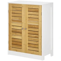 kleankin Bathroom Floor Cabinet, Side Storage Organizer Cabinet with Bamboo Doors, Adjustable Shelves for Bathroom, White and Natural(m-11)