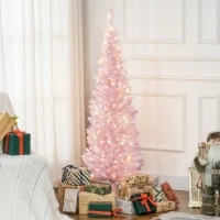 HOMCOM 5ft Pencil Christmas Tree, Slim Artificial Christmas Tree with Snow Flocked Branches and Warm White LED Lights, Pink(m-2)