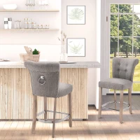 HOMCOM 26"Counter Height Bar Stools Set of 2, Linen Upholstered Tufted Dining Chairs with Steel Footrest, and Solid Wood Legs, Grey(m-2)
