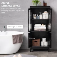 kleankin Bathroom Floor Cabinet with 2 Storage Cabinets, Tempered Glass Door, Freestanding Linen Tower with Adjustable Shelves for Living Room, Black(m-4)