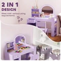 Qaba Kids Vanity Set, Toddler Dressing Table and Chair Set  with Lighted Mirror, Cabinet, Drawer and Shelves, Purple(m-4)