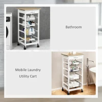 HOMCOM Mobile Kitchen Cart, Rolling Kitchen Island with Storage, Solid Wood Frame Utility Cart with Wire Fruit Baskets and Drawer, White(m-7)