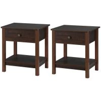 HOMCOM End Table with Drawer, Side Table with Top and Bottom Shelf for Small Spaces, Set of 2, Dark Brown(m-1)