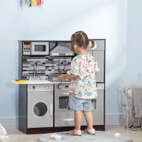 Qaba Wooden Play Kitchen with Lights Sounds, Kids Kitchen Playset with Washing Machine, Water Dispenser, Microwave, Range Hood, Refrigerator, Utensils, Gift for 3-6 Years Old(m-10)