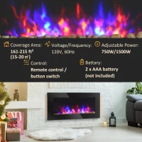HOMCOM 36" Wall-Mounted Electric Fireplace, 750/1500W Fireplace Heater with Flame Effect, 7 Color Background Light and Side Light, Black(m-7)