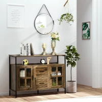 HOMCOM Industrial Sideboard Buffet Cabinet, Coffee Bar Cabinet with Adjustable Shelves, Glass Doors, and 2 Drawers for Kitchen, Living Room, Brown(m-2)