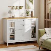 HOMCOM 47" Sideboard, Buffet Cabinet with Rubber Wood Top, Glass Door, Kitchen Coffee Bar Cabinet with Drawers, Adjustable Shelving for Living Room, White(m-10)