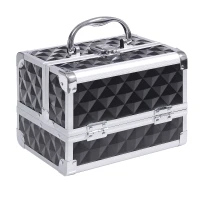 HOMCOM 3 Tier Diamond Texture Makeup Train Case Cosmetic Organizer with Mirror, Black(m-2)