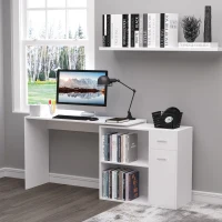 HOMCOM L Shaped Computer Desk, 180° Rotating Corner Desk with Storage Shelves, Drawer and Cabinet, Study Workstation, White(m-10)