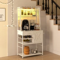 HOMCOM Industrial Kitchen Shelves with Charging Station and LED Lights, Kitchen Storage Rack with Barn Door, White(m-10)