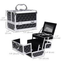 HOMCOM 3 Tier Diamond Texture Makeup Train Case Cosmetic Organizer with Mirror, Black(m-3)