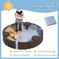 Qaba 47" Round Kids Sandbox with Cover, 3 Seats, Waterproof Bottom Liner, for Backyard, Lawn, Garden, Beach, Patio, Brown(m-5)