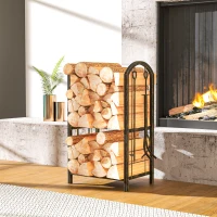Outsunny 2-Tier Outdoor Firewood Rack with 4 Fireplace Tools, 220 lbs Capacity Metal Log Holder for Fireplace, Coffee Brown(m-1)